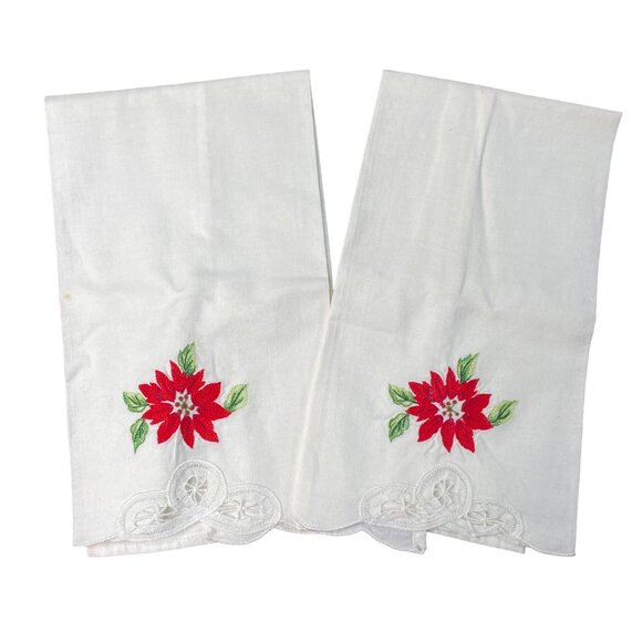 Vintage Christmas Linen Tea Towel Hand Embroidered Embellished Chrysanthemums u - Picture 1 of 4